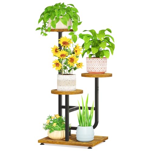 LASZOLA Black 3 Tier Tall Metal and Wood Plant Stand Indoor, Large Heavy Duty Planter Holder Rack for Vertical Corner, Sturdy Iron Spiral Multiple High Flower Organizer for Rustic Patio House Bathroom - color: Natural Brown, size: 3 Tier