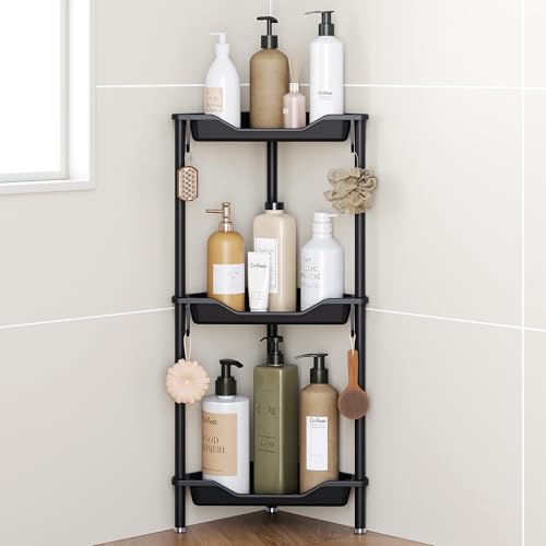 Orimade Rustproof 3 Tier Floor Standing Corner Shower Caddy Organizer, Plastic Aluminum Splicing Floor Corner Shelf Rack Stands for Bathroom, Black - color: Black, size: 3 Tier