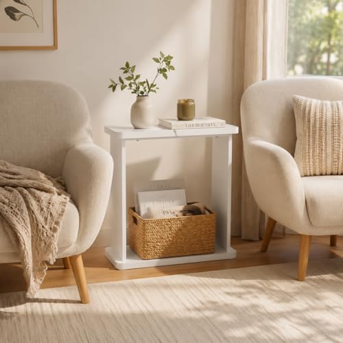 Narrow Side Table for Small Spaces, 7.9" Slim End Table with 2-Tier Open Storage Shelf, Modern Skinny Wood Sofa Table for Living Room, Bedroom, Nightstand, Couch(White) - color: White