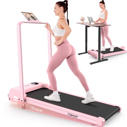 FUNMILY Upgrade Walking Pad Folding Treadmill with 12%/15% Incline & Handle Bar, 3.5HP Foldable Under Desk Compact Treadmills for Home/Office/Gym, 400+lb Capacity, Shock Absorption - color: Best Baby Pink T