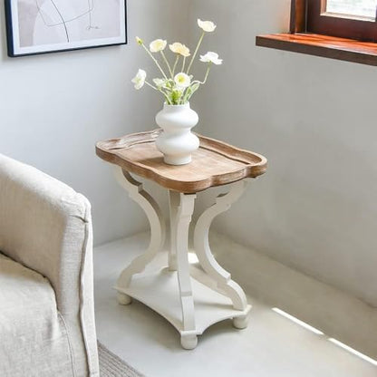 Kinfant Set of 2 Farmhouse Accent End Table with Natural Tray, Solid Wood Frame Rustic Side Table with Shelf, Nightstand for Dinning, Living Room, Bedroom - style: 2-pack-White and Wood
