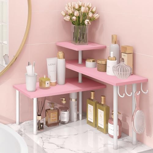 3-Tier Counter Organizer Shelf for Bathroom, Corner Shelf for Countertop, Over Sink, Make Up, Dresser Table, Desktop - Pink - color: Pink, With Hooks
