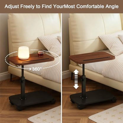Adjustable Height TV Tray Table with Wheels, C Shaped End Side Table & Phone Tablet Slot, Swivel Snack Stand for Couch, Sofa, Bed,Living Room, Laptop Use in Small Spaces (Walnut) - color: Walnut