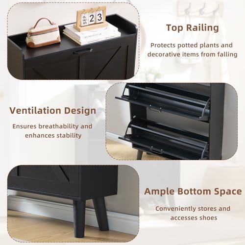 LEYAOYAO Shoe Cabinet Storage for Entryway with 2 Flip Drawers Rack Narrow Organizer Slim Hidden Wood Shoe Cabinet Furniture Black - color: Black