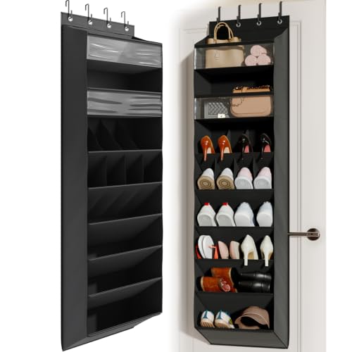 Mefirt 16-20 Pairs Over the Door Shoe Organizer, Clear Pockets Shoe Rack for Closet Door, Hanging Shoe Rack for Boots, Behind the Door Shoe Holder Fit All the Family's Sneakers, Boots, Heels, Black - color: Black 16-20 Pairs Clear Pockets