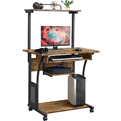Topeakmart 2-Tier Rolling Desk with Printer Shelf & Keyboard Tray, Rustic Brown - color: Rustic Brown
