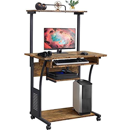 Topeakmart 2-Tier Rolling Desk with Printer Shelf & Keyboard Tray, Rustic Brown - color: Rustic Brown
