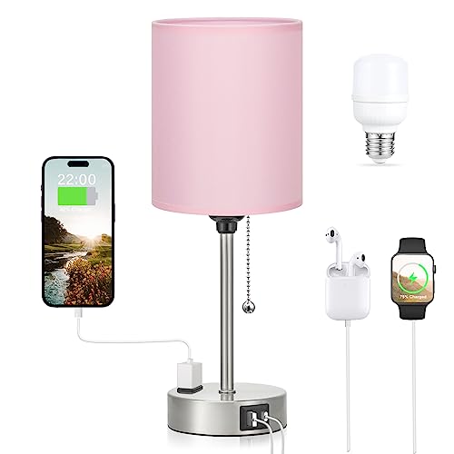 Dicoool Pink Bedroom Lamp for Bedside - 3 Color Temperatures Desk Lamp with USB C and A Ports, Pull Chain Table Lamp with AC Outlet, Nightstand Lamp with Silver Metal Base for Kids Girls - color: Pink-Silver, size: 14.6 in