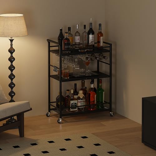 3 Tier Bar Cart, Small Beverage Cart, Mini Bar Cart with Wine Rack, Home Bar Serving Cart with Wheels for Kitchen Dining Living Room (Black, General) GBC507B - color: Black, size: General