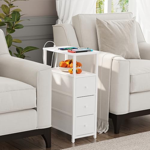 TUTOTAK Narrow Night Stand with Charging Station, Slim End Table | Tall Side Table with 3 Fabric Drawer, Small Bedside Table with Storage, Living Room, Bedroom, White TB01BW086 - color: White, size: 1 Pack (3 Drawers), style: With Plug