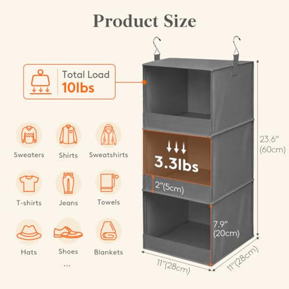 Lifewit 3 Tier Hanging Closet Storage Organizer for Shelves, Front Anti-Slip Clothes Storage Hanger with 2 Sturdy Hooks, Vertical Foldable Sweater Organization for Shlef, Wardrobe, Dorm, RV, Gray