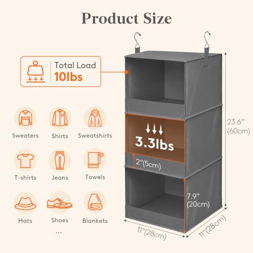 Lifewit 3 Tier Hanging Closet Storage Organizer for Shelves, Front Anti-Slip Clothes Storage Hanger with 2 Sturdy Hooks, Vertical Foldable Sweater Organization for Shlef, Wardrobe, Dorm, RV, Gray