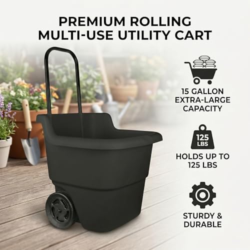 15-Gallon Rolling Lawn and Garden Utility Cart, Durable Resin Yard Wagon with Retractable Handle & 7-Inch Flat-Free Wheels for Outdoor Mulch, Dirt, and Debris Transport, Black