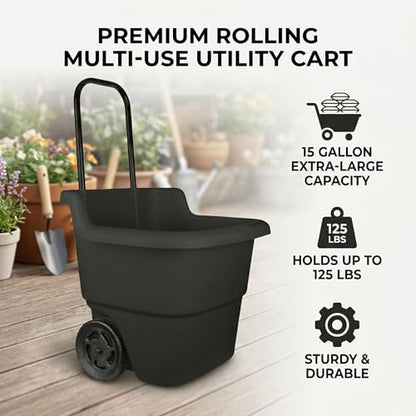 15-Gallon Rolling Lawn and Garden Utility Cart, Durable Resin Yard Wagon with Retractable Handle & 7-Inch Flat-Free Wheels for Outdoor Mulch, Dirt, and Debris Transport, Black