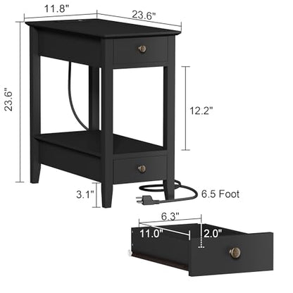 Treocho End Tables Living Room Set of 2 with Charging Station and 2 Drawers | Narrow Side Table with Ample Storage, Sofa Bedside Table for Small Spaces, Living Room, Bedroom, Black - color: Black