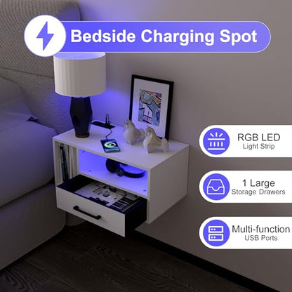 Homaterial Floating Nightstand with Charging Station and LED Lights, Floating Bedside Table with Drawers Wall Mounted Nightstands,for Bedroom Room, 21.3" x 11.8" x 10",White - color: White