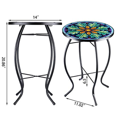VCUTEKA Outdoor Side Table Mosaic End Table Patio Side Table Small End Table Glass Top Round Balcony Coffee Table Porch Indoor Glass Top - color: Green