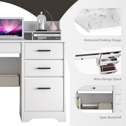 Computer Desk with 4 Drawers and Hutch, Home Office White Writing Desk with File Drawer and Shelves for Small Spaces, Small Desk Study Table for Bedroom - color: Light White