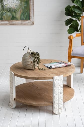 31.5'' Round Wood Coffee Table 2-Tier Circle Craft Rustic Coffee Table for Living Room, Modern Retro Farmhouse Style, Carved Leg & Easy Assembly, Brown & White - color: 31.5in-brown & White