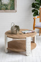 31.5'' Round Wood Coffee Table 2-Tier Circle Craft Rustic Coffee Table for Living Room, Modern Retro Farmhouse Style, Carved Leg & Easy Assembly, Brown & White - color: 31.5in-brown & White