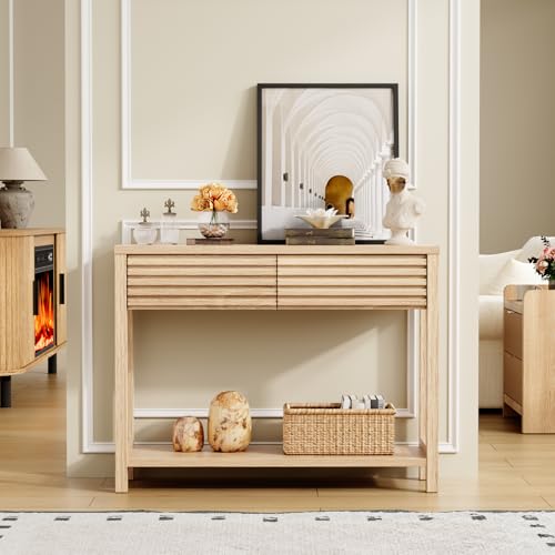 EAG 40" Fluted Console Table with 2 Drawers, Modern Wood 2 Tier Entryway Table with Storage Shelf, Narrow Sofa Tables Behind Couch for Entrance Foyer, Hallway, Living Room, Natural - color: Natural