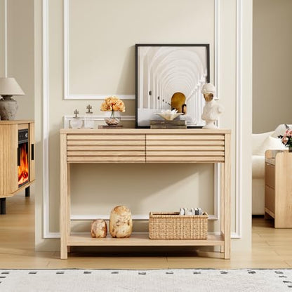 EAG 40" Fluted Console Table with 2 Drawers, Modern Wood 2 Tier Entryway Table with Storage Shelf, Narrow Sofa Tables Behind Couch for Entrance Foyer, Hallway, Living Room, Natural - color: Natural