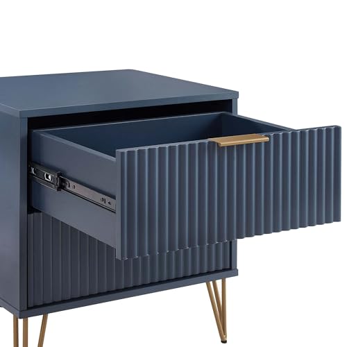 BROVAVE Sturdy Metal Legs Small Nightstand, Modern Nightstand with Textured Drawers, Storage Cabinet for Indoor use, Dark Blue - color: Dark Blue
