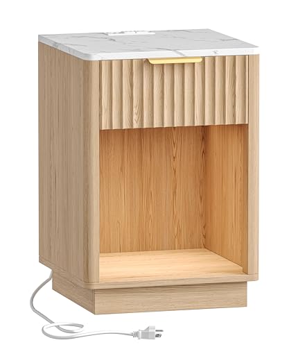 Akxomel Fluted Nightstand, Wooden Night Stand with Charging Station and LED Light, Modern Bedside Table with Drawer and Faux Marble Top, 15" D x 15.7" W x 22.6" H, for Bedroom, Natural Oak and White - color: Natural Oak and White