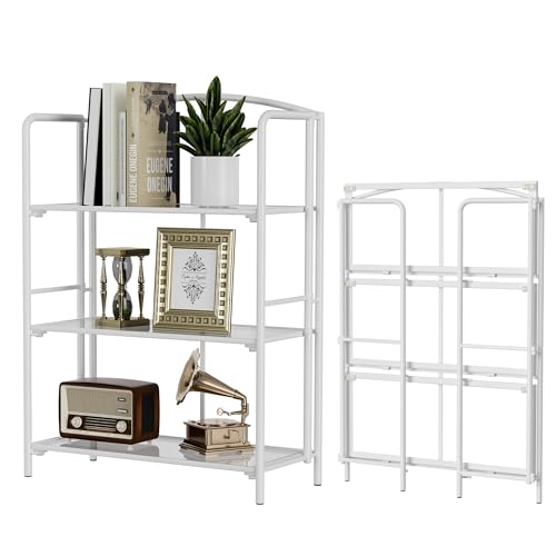 Crofy 3-Tier Wider Foldable Bookshelf, White Frame & Transparent Shelves | No-Assembly Collapsible Portable Storage Organizer; Sturdy Transparent Shelves; Ideal for Living Room & Home Office - color: White Frame & Transparent Shelf, size: 3 Tier Wider