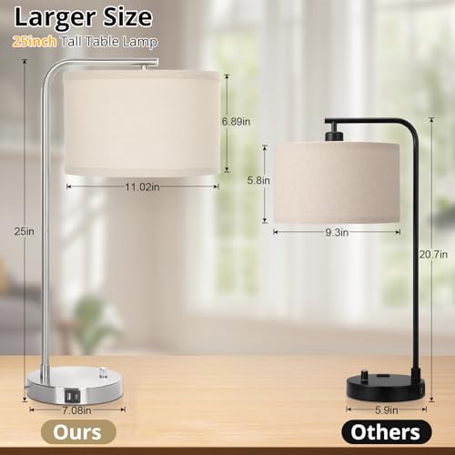 Table Lamp for Living Room, Modern Bedside Lamp with USB C+A Ports, Fully Dimmable Nightstand Lamp with Beige Drum Shade, Silver Finish Side Table Lamp for Bedroom Office, 3000K LED Bulb Included - color: Silver