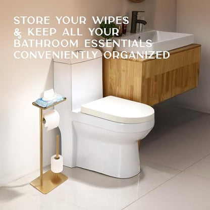 Day Moon™ - Toilet Paper Holder - Modern Roll Holder for Bathroom - 1 Pack - Free Standing - with Shelf, Gold - color: Gold