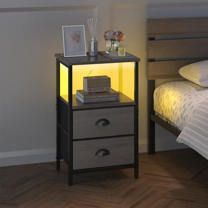 sthmec Nightstand with Charging Station, LED Night Stand Set of 2, Bedside Table End Table with Drawer, Bedroom Tables with 2 Fabric Drawers, 3-Tier Storage Side Table for Bedroom,Grey - color: Grey