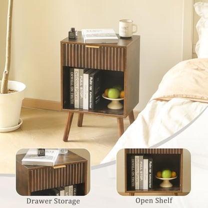 Fultyle Mid Century Modern Nightstand, Wood Bedside Table with Drawer and Open Storage, End Table Living Room Fluted Night Stand with Solid Wood Legs for Bedroom (Rustic Brown) - color: Rustic Brown