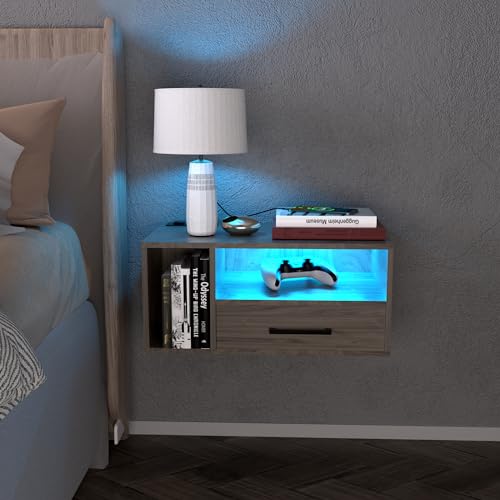 Homaterial Floating Nightstand with Charging Station and LED Lights, Floating Bedside Table with Drawers Wall Mounted Nightstands,for Bedroom Room, 21.3" x 11.8" x 10",Grayish Brown - color: Grayish Brown