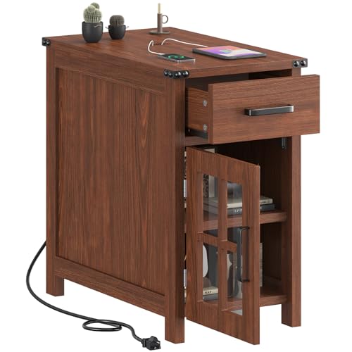 VVFLU Farmhouse End Table with Charging Station and 1 Storage Cabinet, 1 Drawer, Cherry Wood Nightstand Narrow, Skinny Side Table, Slim Bedside Table, Small Nightstand for Bedroom, Living Room, Sofa - color: Cherry/Glass
