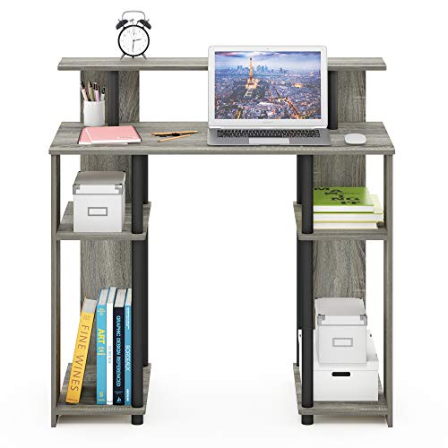 Furinno JAYA Simple Design Computer Writing Desk, French Oak Grey/Black | Raised Hutch, Simple Design Computer Writing Desk, Office Desk for Home Office, Bedroom - color: French Oak/Black