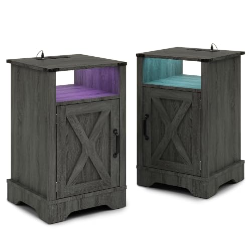 Nightstands Set of 2, Bedside Tables with Charging Station & LED Lights,25 inch Farmhouse Bedside Tables with Storage Cabinet, Open Shelf & Color Changing Lights, Rustic Wooden End Tables, Dark Gray