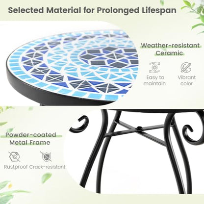 Giantex Outdoor Side Table, Mosaic Patio Table, 12inch Accent Table Plant Stand Indoor, Mosaic Ceramic Tile Top Metal Frame, Small End Table Porch Beach Patio Garden Balcony Poolside - style: Ocean