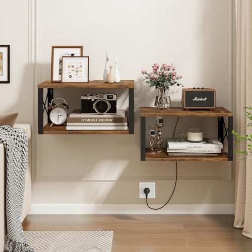 Homode Floating Nightstand, Wood Floating Bedside Table with Cable Hole, 2 Tier Wall Mounted Nightstand, Hanging Night Stand Wall Shelves for Bedroom Living Room Bathroom Kitchen, Rustic Brown - color: Rustic Brown Black