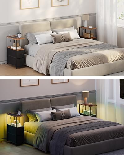 TUTOTAK Small Narrow LED End Table with Charging Station, Side Table Outlets, Nightstand with 2 Cloth Drawers, Set of 2, Couch Table, for Living Room, Bedroom, Bedside, Brown and Black TB01BB056K - color: Brown and Black, style: 2 Drawers with Plug & Ligh