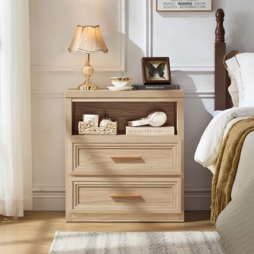 RWYHG 24'' Wide Farmhouse Night Stand with 2 Drawers,Wood Nightstand | Modern End Table Open Storage Shelf, Metal Handle, Mid-Century Bed Side Table for Bedroom, Living Room,Natural - color: Natural