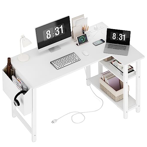 Lufeiya White L Shaped Computer Desk with Power Outlet Shelves, 40 Inch Small Reversible Corner Desk for Small Space Home Office, L-Shaped Desk PC Desks, White - color: White, size: 39.4"