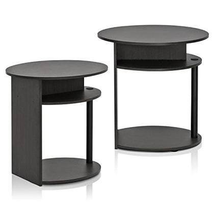 3-Tier Set of 2 Round End Table with Oval Tabletop, Bedside Table with Open Shelf, Night Stand, Side Table, for Bedroom, Living Room, Walnut - color: Walnut/Black, size: 3 Tier, Set of 2