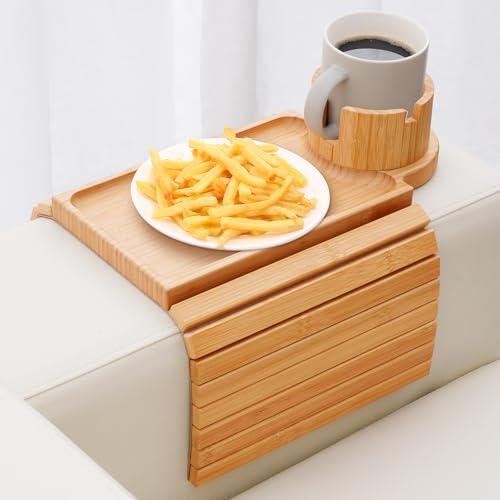 Couch Cup Holder Tray,Large Bamboo Couch Armrest Table with Cup Holder,Foldable Anti-Slip Sofa Arm Tray for Coffee Cup,Water Bottles,Mug,Snacks,Remote - color: Bamboo