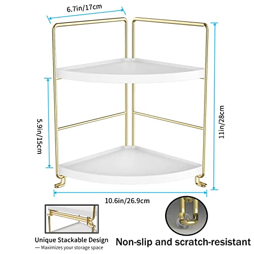 2-Tier Makeup Perfume Counter Organizer, Bathroom Corner Countertop Shelf Vanity Bedroom Storage Tray,Kitchen Spice Rack Standing Shelf(Gold,White) - size: Corner