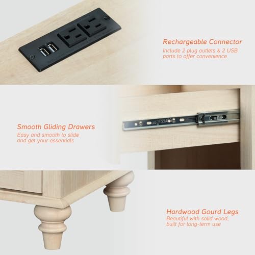 WAMPAT Beige Side Table with Charging Station, Elegant Nightstand for Bedroom with 2 Drawers & Open Shelf, Wooden End Table Bedside Table for Living Room, Kids Room - color: Beige