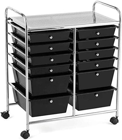 Moccha 12-Drawer Rolling Storage Cart - Utility Cart on Wheels with Lockable Casters for Craft Art Supply Paper Salon, Mobile Drawer Carts for Classroom Teacher School Office - color: Black, style: 12 Drawers