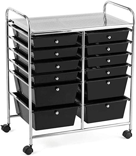 Moccha 12-Drawer Rolling Storage Cart - Utility Cart on Wheels with Lockable Casters for Craft Art Supply Paper Salon, Mobile Drawer Carts for Classroom Teacher School Office - color: Black, style: 12 Drawers