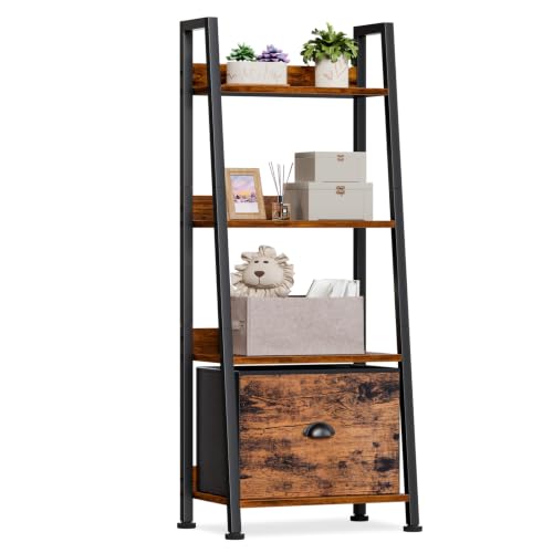 Furologee 4 Tier Ladder Shelf, Small Bookshelf with Drawer, Rustic Brown | Industrial Ladder Bookshelf for Small Space, Display Shelving Units, Wood Metal Storage Rack for Living room, Bedroom, Office - color: Rustic Brown, size: 4-Tier, 15" W