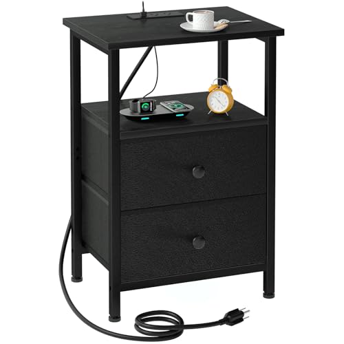 LOAKEKEL Night Stand, Nightstand with Charging Station, Slim Industrial Bedside Table with 2 Fabric Drawers, Small End Table with USB & Type-C Ports for Bedroom, Black, HETS020BK-1 - color: Black, style: Two-drawer